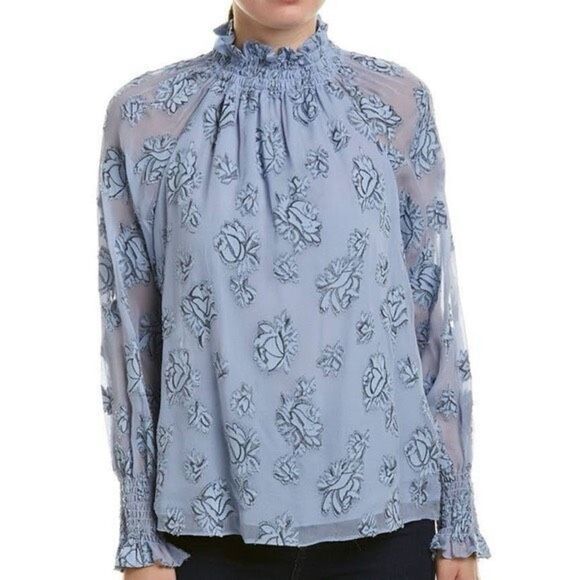 ✨Rebecca Taylor Smocked Neck Silk Rose Print Sz. 10 Blouse Light Blue Metallic✨ - Picture 7 of 14